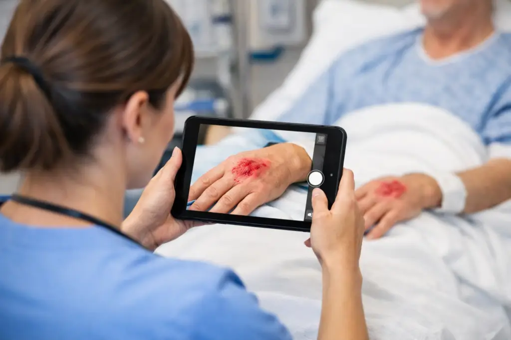 nurse capturing patient wound photo on tablet for IPD record