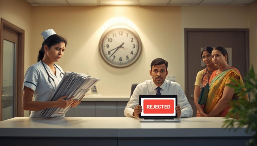 Indian nurse, TPA executive and patient family at a hospital billing counter with a rejected insurance claim on screen — IRDAI cashless rules 2026, PurpleIPD